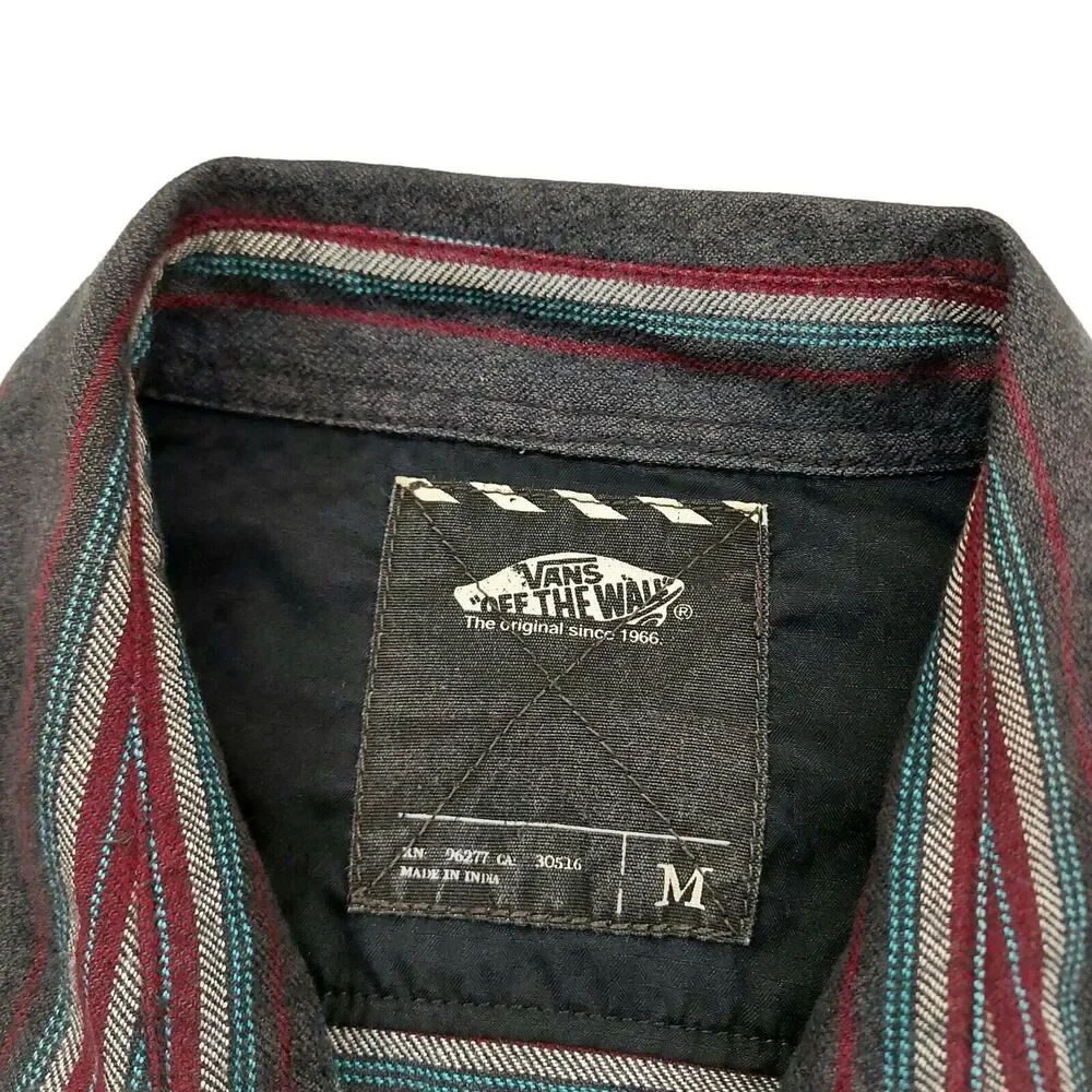 Vans Flannel Shirt Mens Medium Gray Striped Button Up Long Sleeve 100% Cotton
